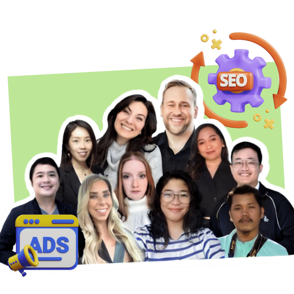 seo & Ads get social yeg team smiling against graphic get customers